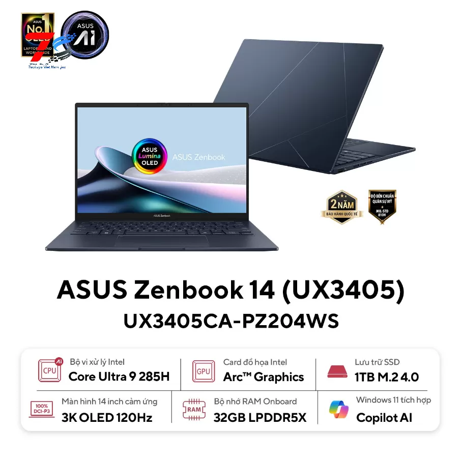 Laptop Asus Zenbook UX3405CA-PZ204WS (U9-285H/32GD5X/1TB/14.0_3K/Touch/OLED-120Hz/4C75WHrs/W11SL/PEN/XANH/2Y)